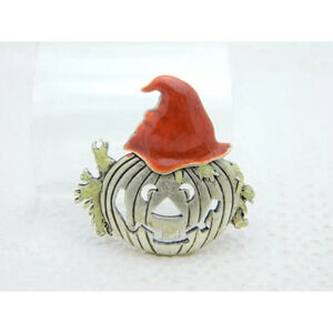 Vintage Halloween Pumpkin Hat Enamel Silver Tone D